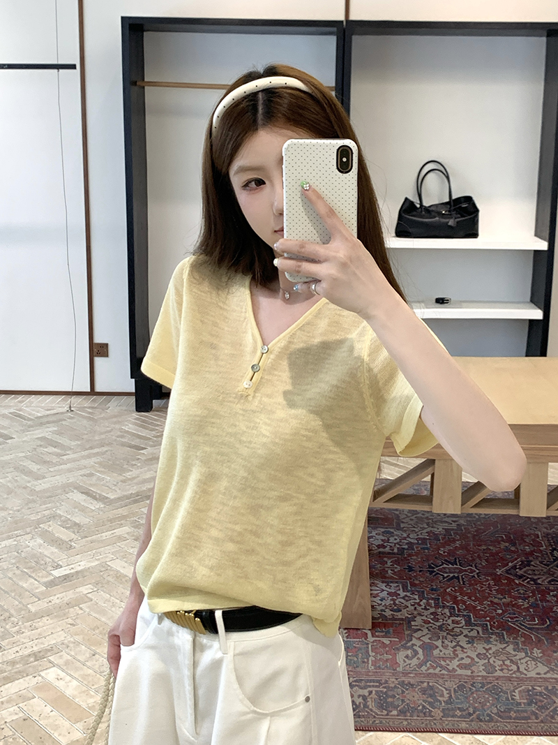 實拍~扣子V領短袖針織衫女上衣顯瘦短款夏季新款