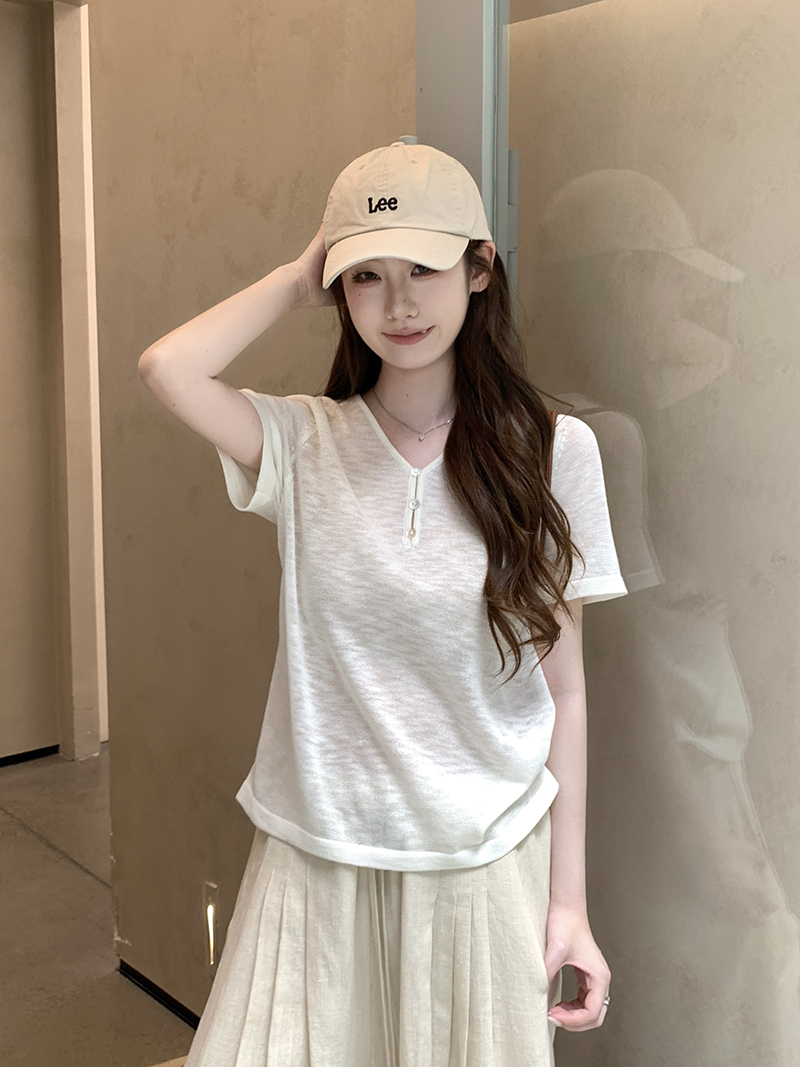 實拍~扣子V領短袖針織衫女上衣顯瘦短款夏季新款