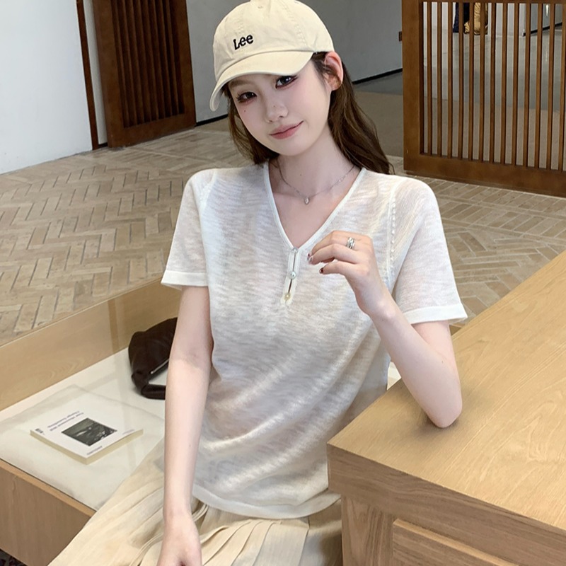 實拍~扣子V領短袖針織衫女上衣顯瘦短款夏季新款