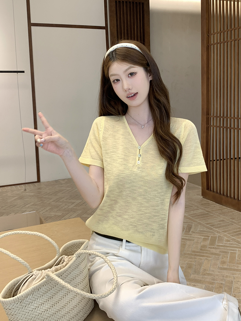 實拍~扣子V領短袖針織衫女上衣顯瘦短款夏季新款