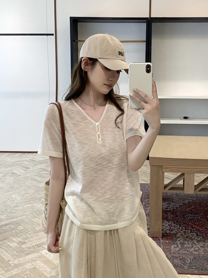 實拍~扣子V領短袖針織衫女上衣顯瘦短款夏季新款
