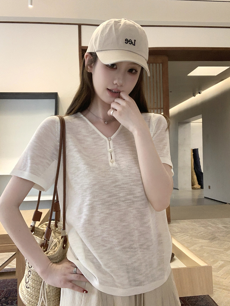 實拍~扣子V領短袖針織衫女上衣顯瘦短款夏季新款