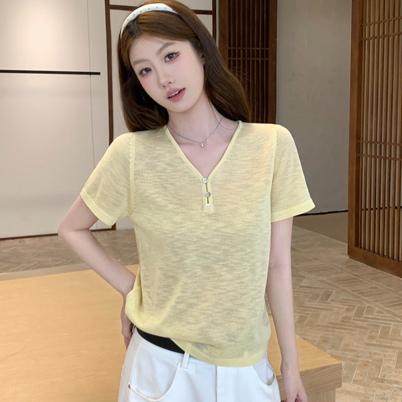實拍~扣子V領短袖針織衫女上衣顯瘦短款夏季新款