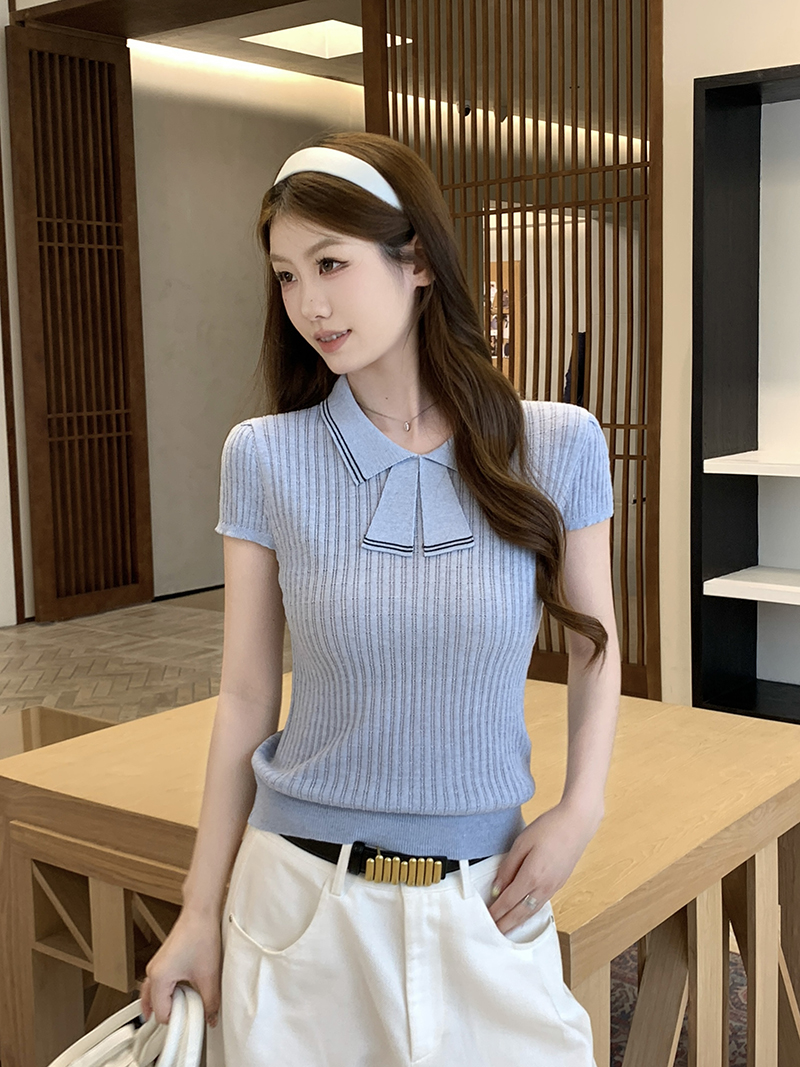 實拍~針織Polo領撞色坑條短袖T恤女2026夏季新款修身顯瘦氣質上衣