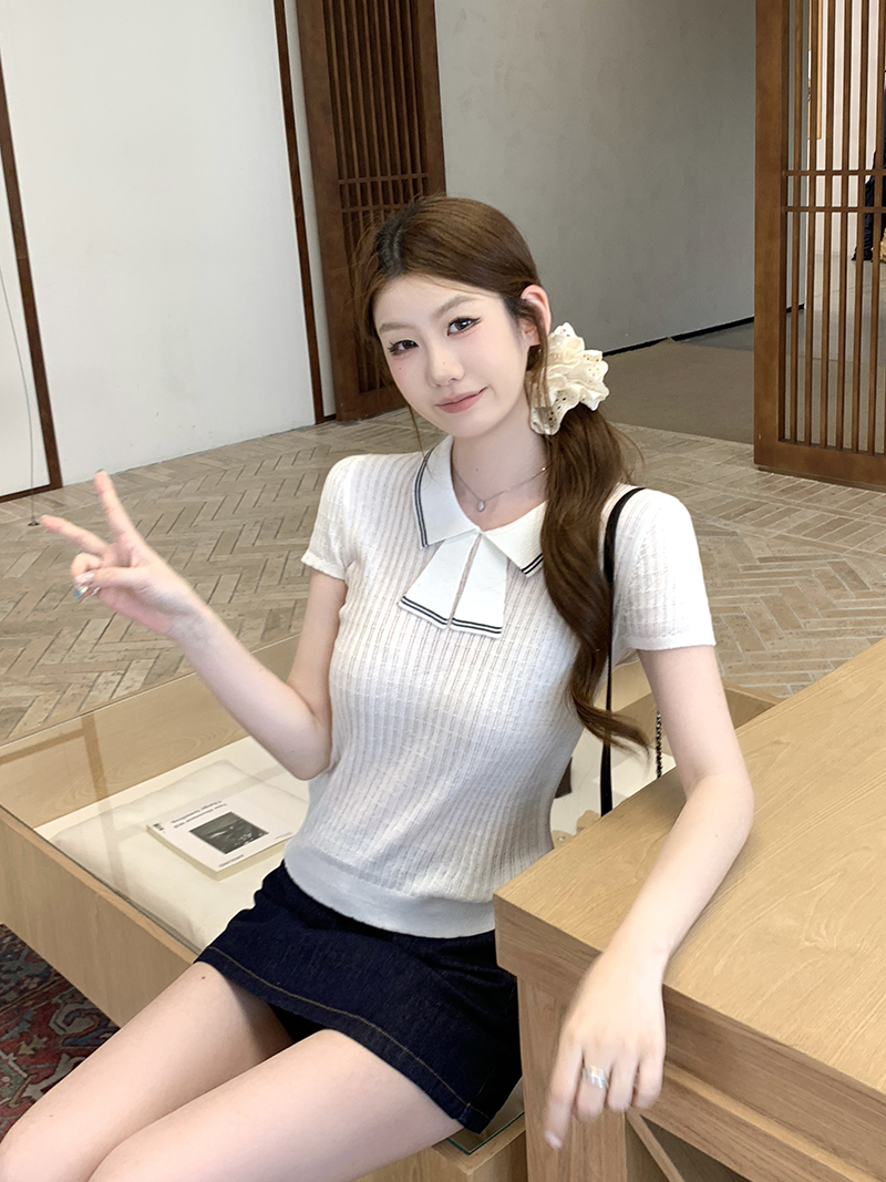 實拍~針織Polo領撞色坑條短袖T恤女2026夏季新款修身顯瘦氣質上衣