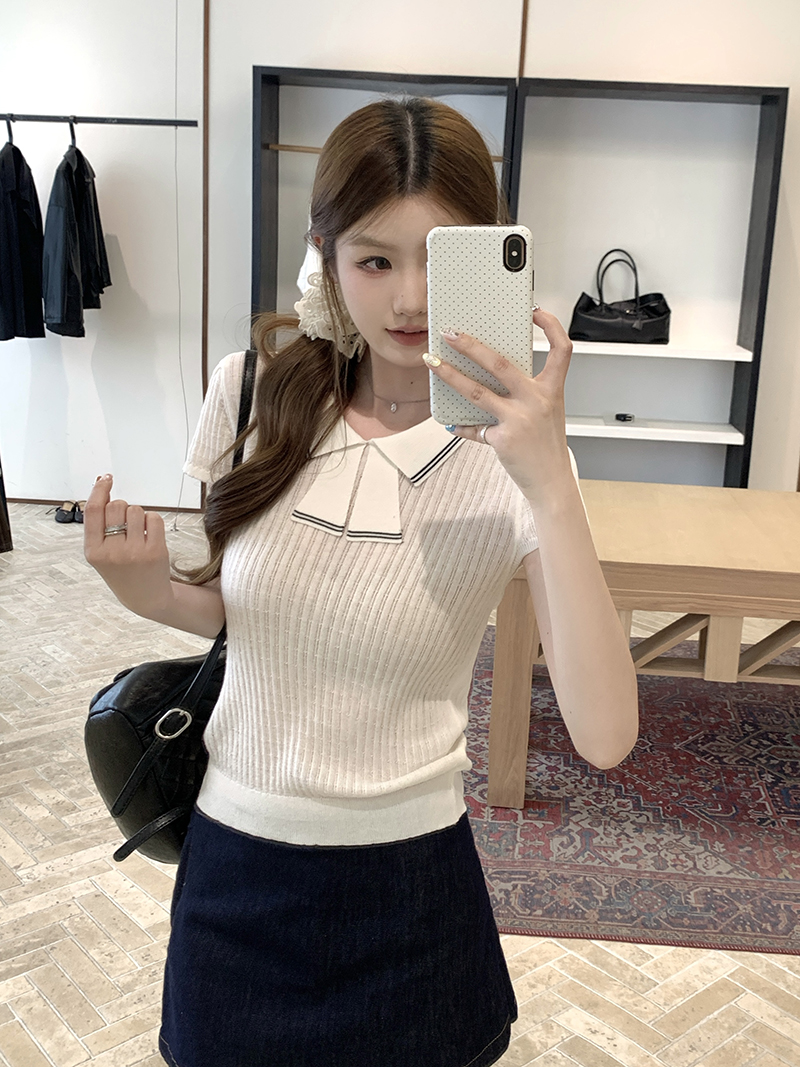 實拍~針織Polo領撞色坑條短袖T恤女2026夏季新款修身顯瘦氣質上衣