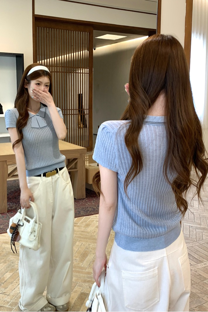 實拍~針織Polo領撞色坑條短袖T恤女2026夏季新款修身顯瘦氣質上衣