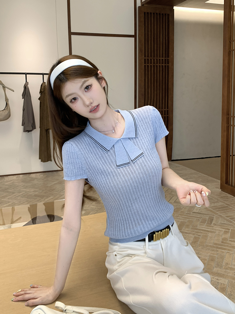 實拍~針織Polo領撞色坑條短袖T恤女2026夏季新款修身顯瘦氣質上衣
