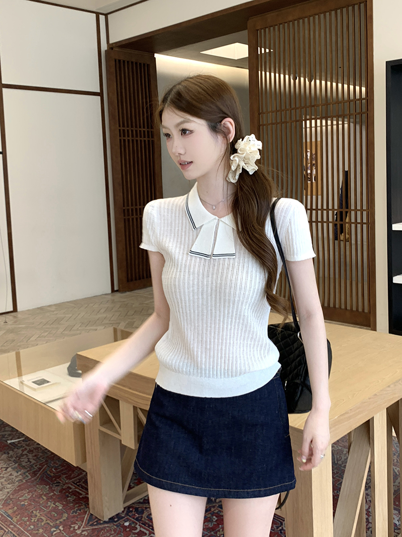 實拍~針織Polo領撞色坑條短袖T恤女2026夏季新款修身顯瘦氣質上衣