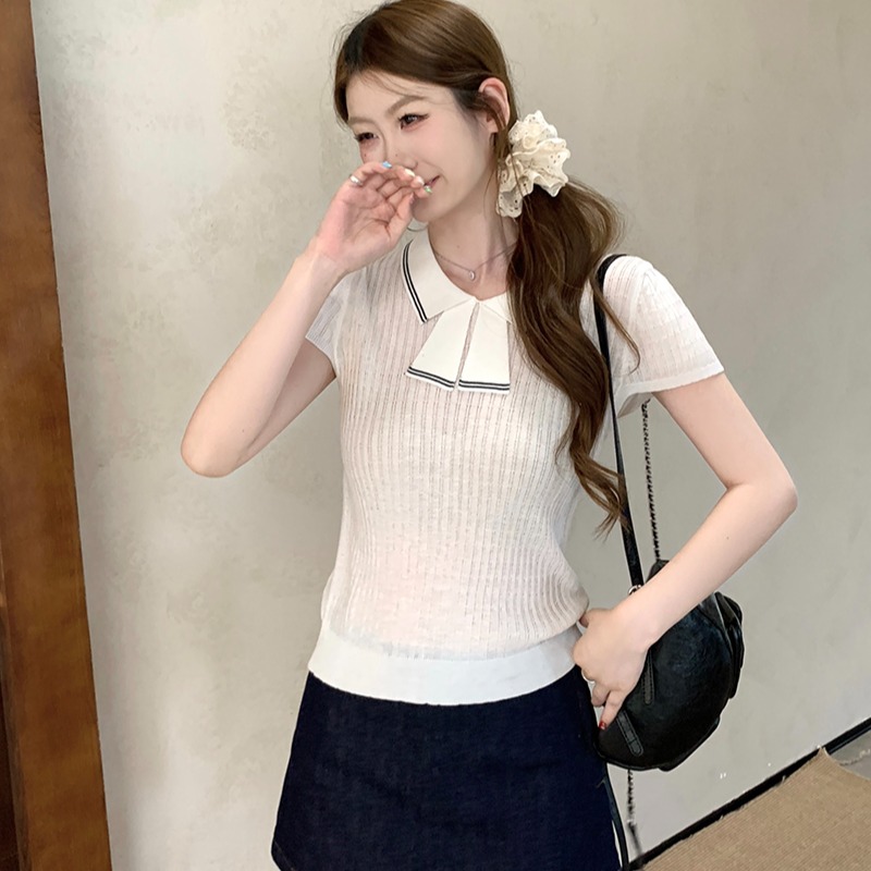 實拍~針織Polo領撞色坑條短袖T恤女2026夏季新款修身顯瘦氣質上衣