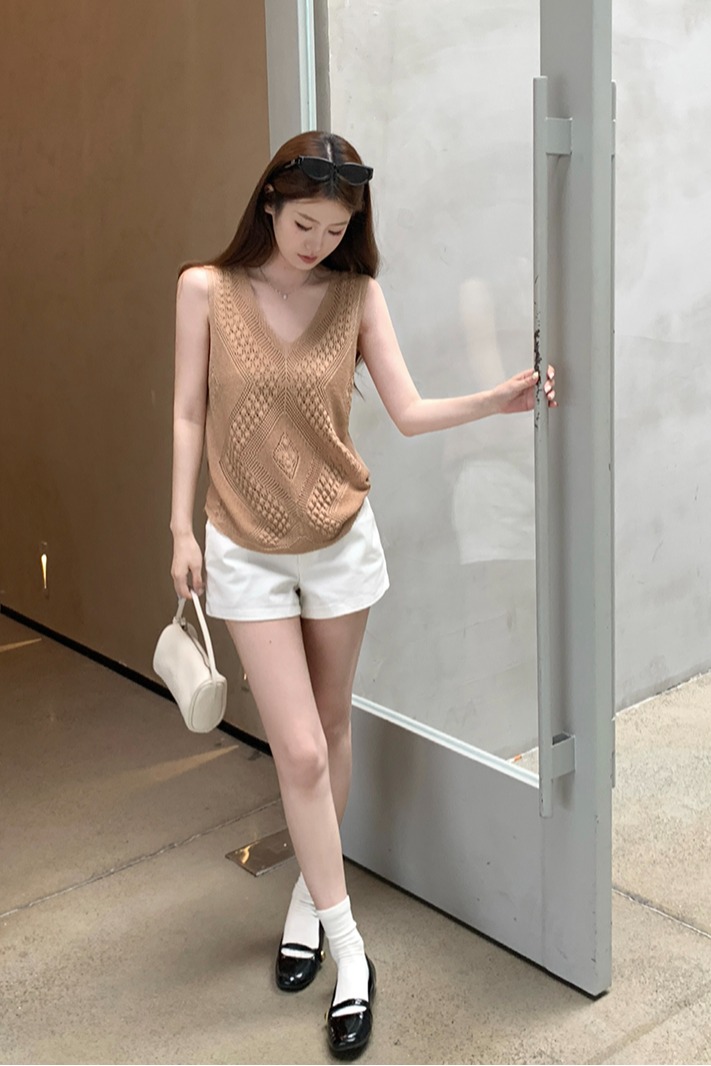實拍~針織V領鏤空菱格無袖背心女2026夏季新款寬松顯瘦氣質上衣