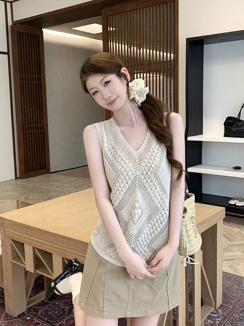 實拍~針織V領鏤空菱格無袖背心女2026夏季新款寬松顯瘦氣質上衣