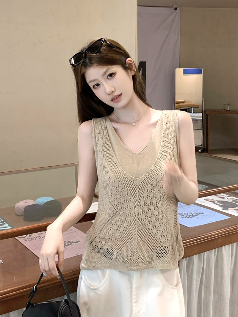 實拍~氣質老錢風鏤空鉤花V領假兩件無袖針織衫女2026夏日出游穿搭