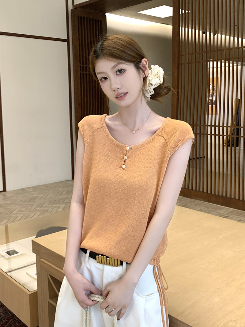 實拍~針織U領小飛袖T恤女2026夏季新款抽繩下擺修身顯瘦氣質上衣
