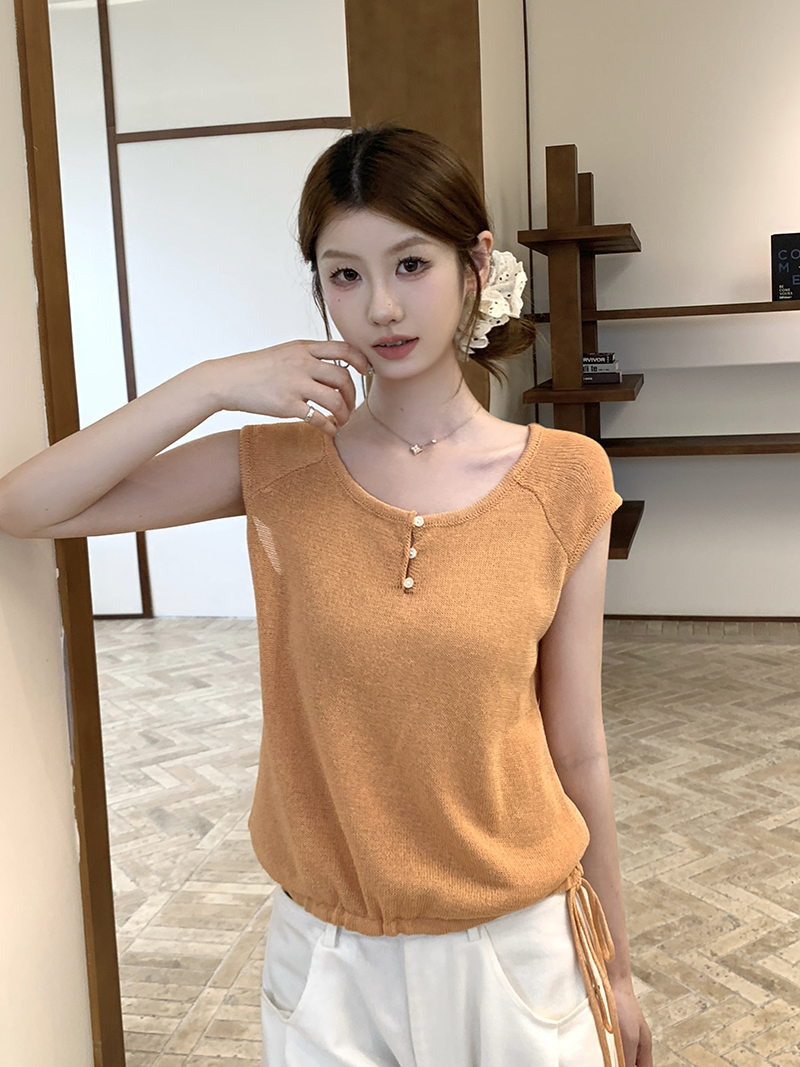 實拍~針織U領小飛袖T恤女2026夏季新款抽繩下擺修身顯瘦氣質上衣