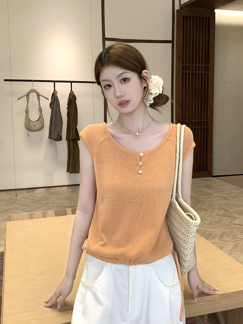 實拍~針織U領小飛袖T恤女2026夏季新款抽繩下擺修身顯瘦氣質上衣
