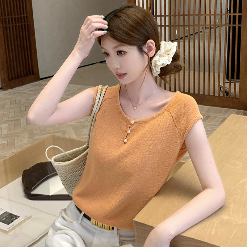 實拍~針織U領小飛袖T恤女2026夏季新款抽繩下擺修身顯瘦氣質上衣
