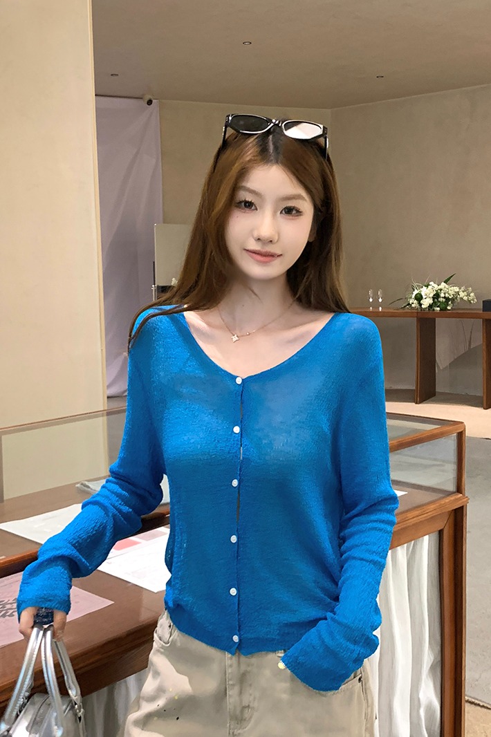 實拍~2026夏季新款V領肌理感開衫韓系輕薄單排扣寬松顯瘦防曬上衣