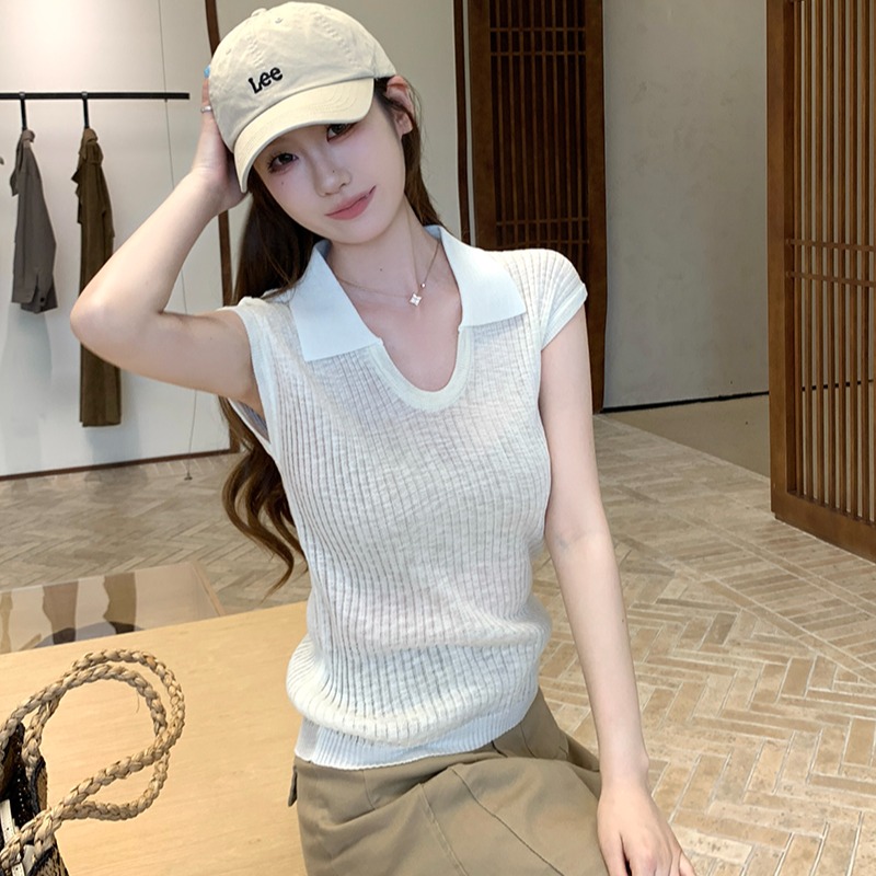 實拍~針織 Polo 領坑條無袖背心女2026夏季新款修身顯瘦氣質上衣