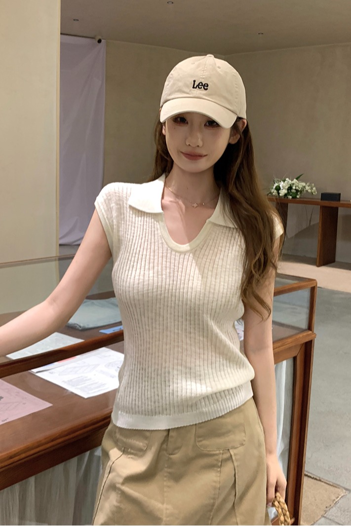 實拍~針織 Polo 領坑條無袖背心女2026夏季新款修身顯瘦氣質上衣