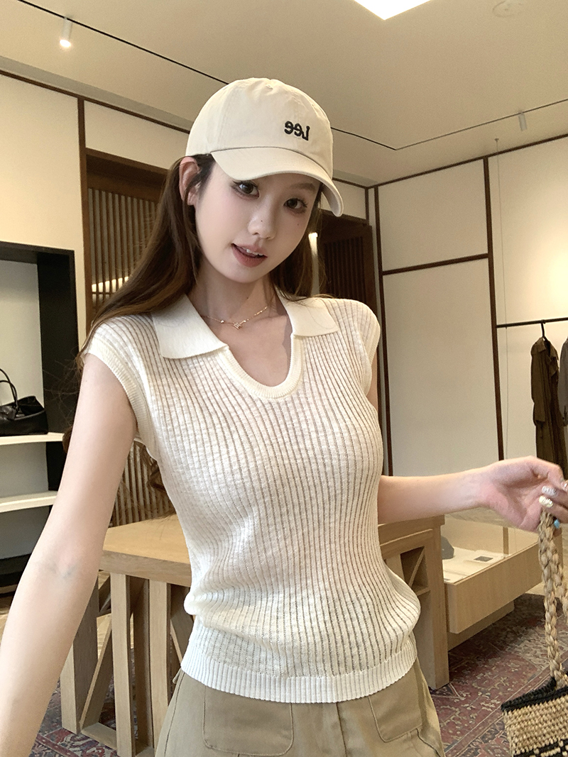 實拍~針織 Polo 領坑條無袖背心女2026夏季新款修身顯瘦氣質上衣