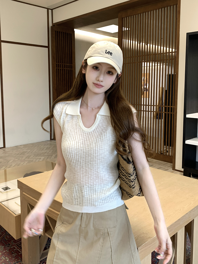 實拍~針織 Polo 領坑條無袖背心女2026夏季新款修身顯瘦氣質上衣