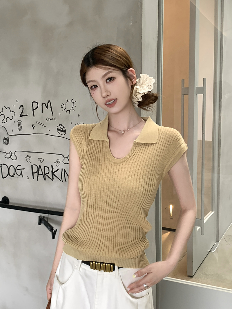 實拍~針織 Polo 領坑條無袖背心女2026夏季新款修身顯瘦氣質上衣