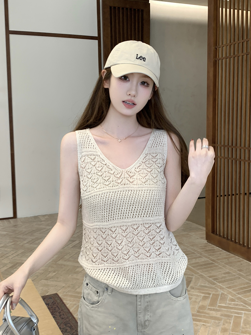 實拍~鏤空內搭針織背心吊帶女寬松百搭顯瘦外穿無袖V領上衣夏