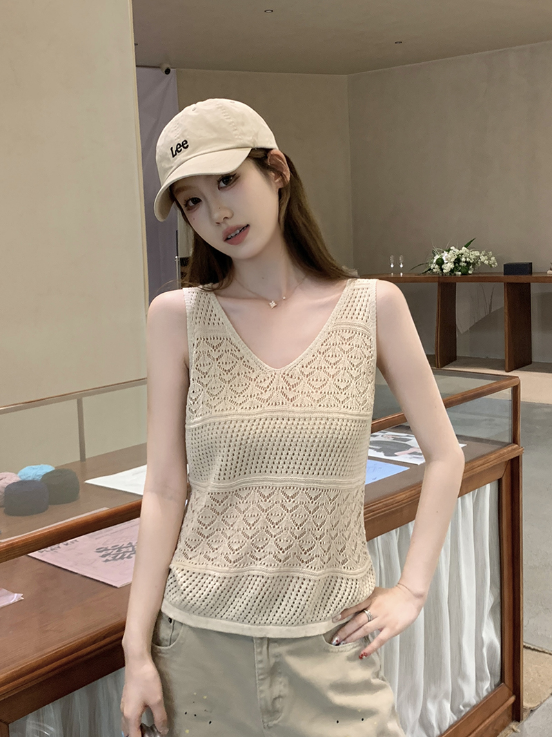 實拍~鏤空內搭針織背心吊帶女寬松百搭顯瘦外穿無袖V領上衣夏