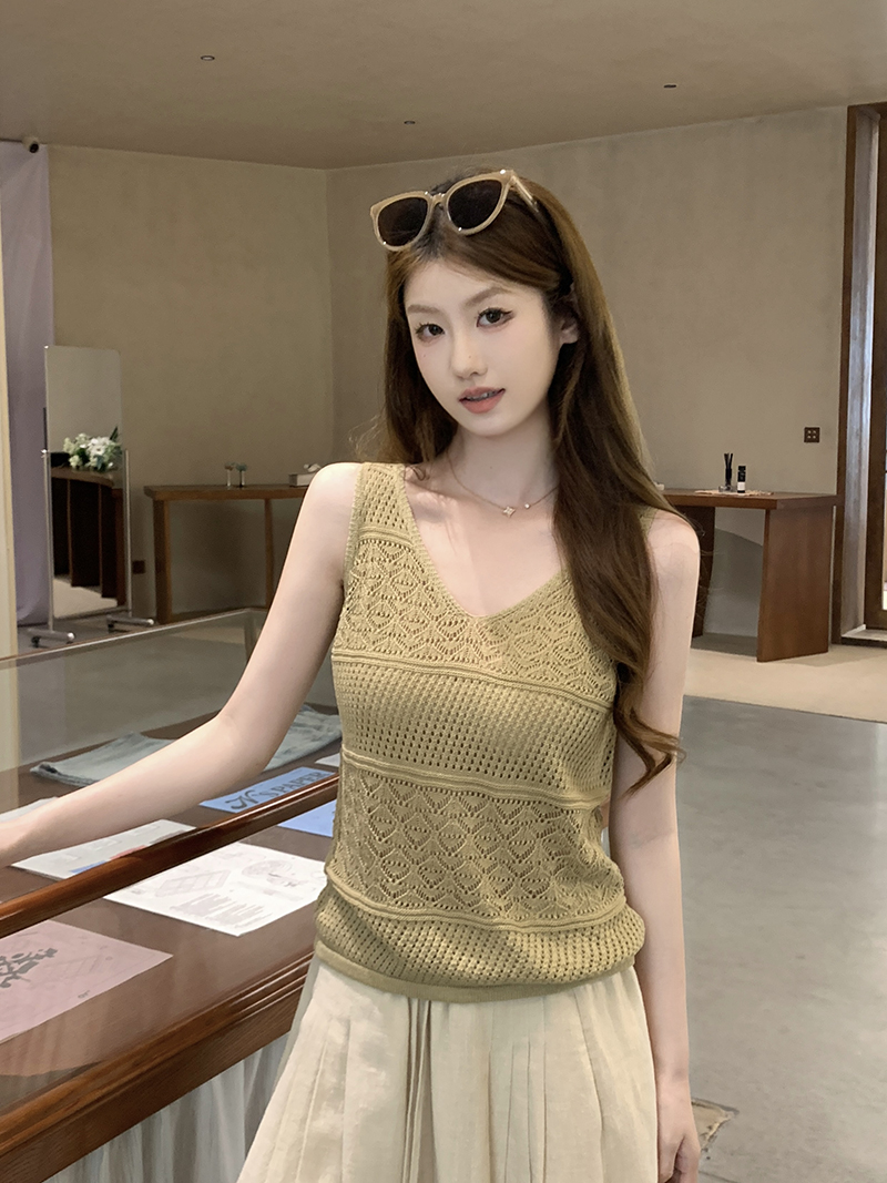 實拍~鏤空內搭針織背心吊帶女寬松百搭顯瘦外穿無袖V領上衣夏