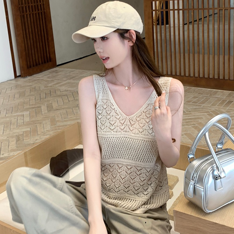 實拍~鏤空內搭針織背心吊帶女寬松百搭顯瘦外穿無袖V領上衣夏