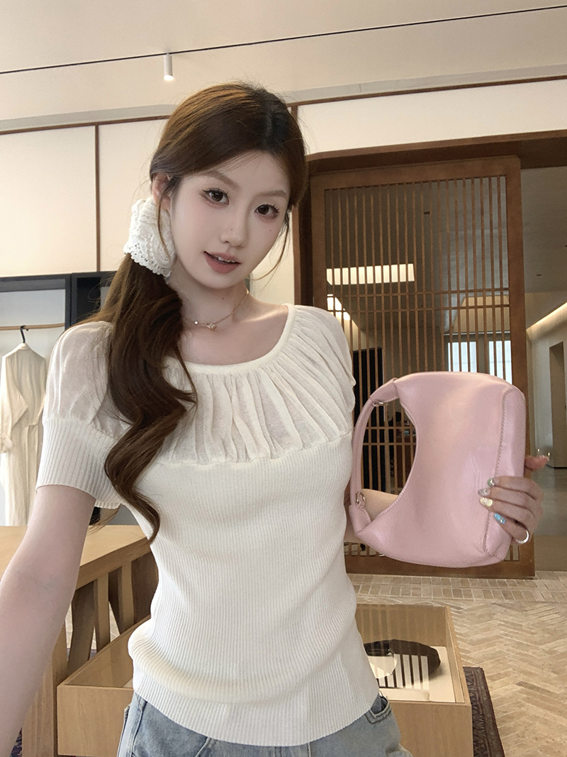實拍~針織一字肩褶皺泡泡袖T恤女2026夏季坑條修身顯瘦氣質上衣