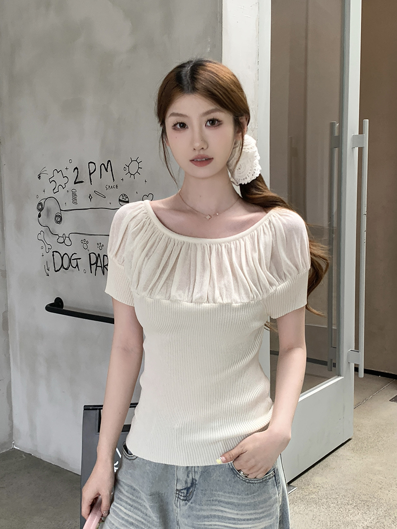 實拍~針織一字肩褶皺泡泡袖T恤女2026夏季坑條修身顯瘦氣質上衣