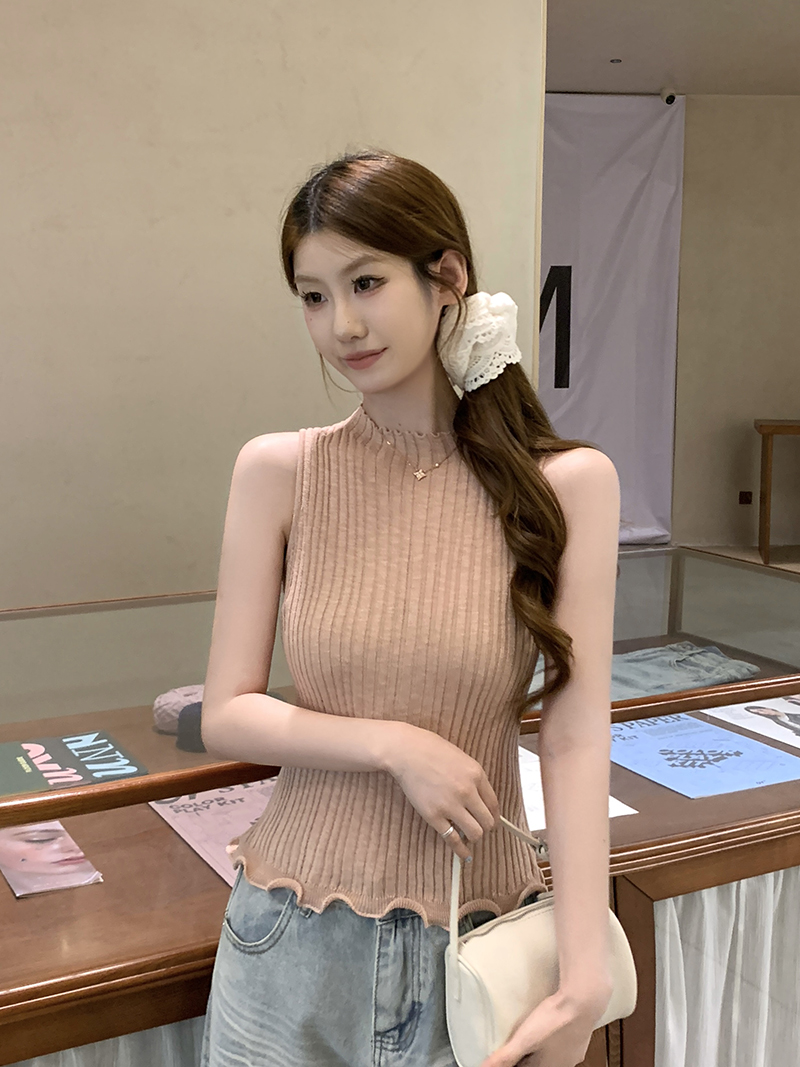 實拍~時髦下擺卷邊半高領無袖背心清爽針織衫上衣女夏新款