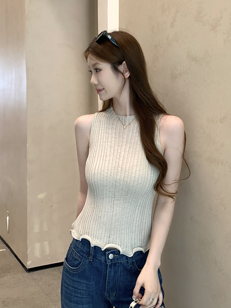 實拍~時髦下擺卷邊半高領無袖背心清爽針織衫上衣女夏新款