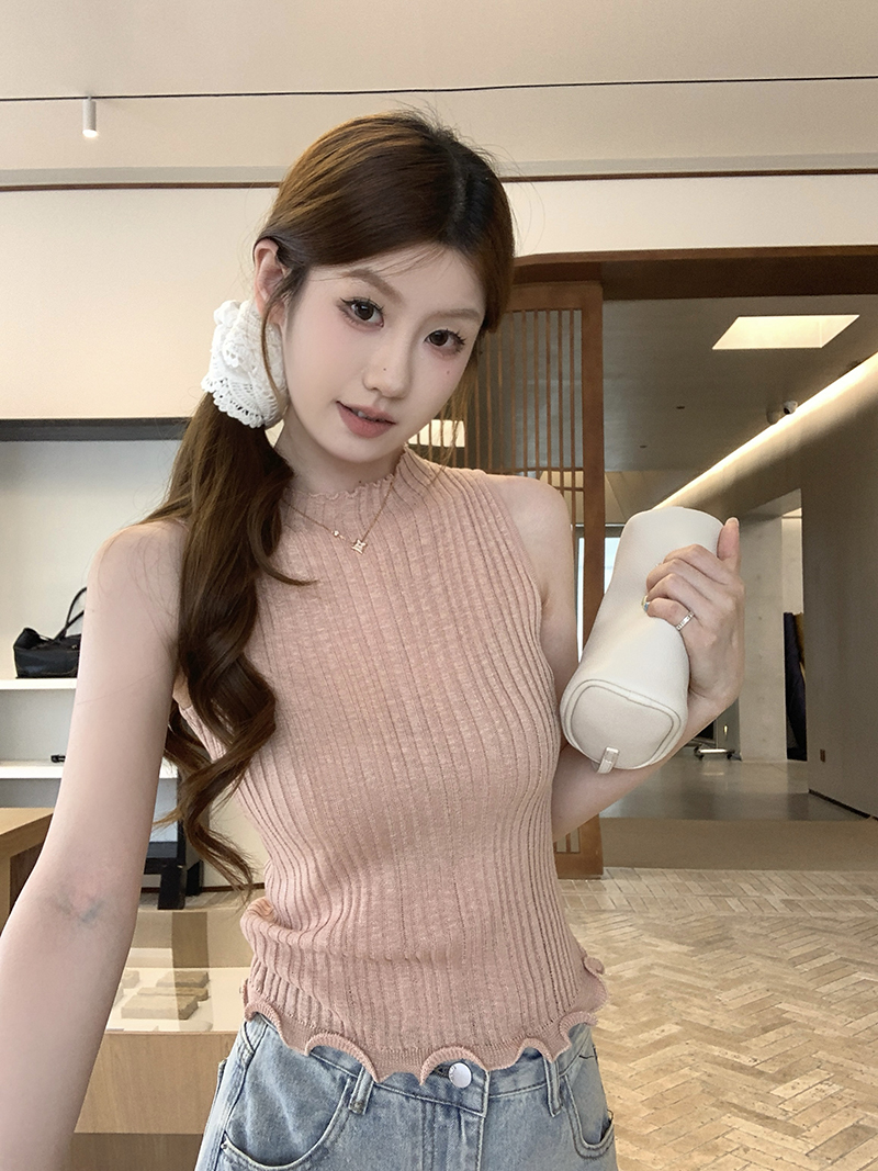 實拍~時髦下擺卷邊半高領無袖背心清爽針織衫上衣女夏新款