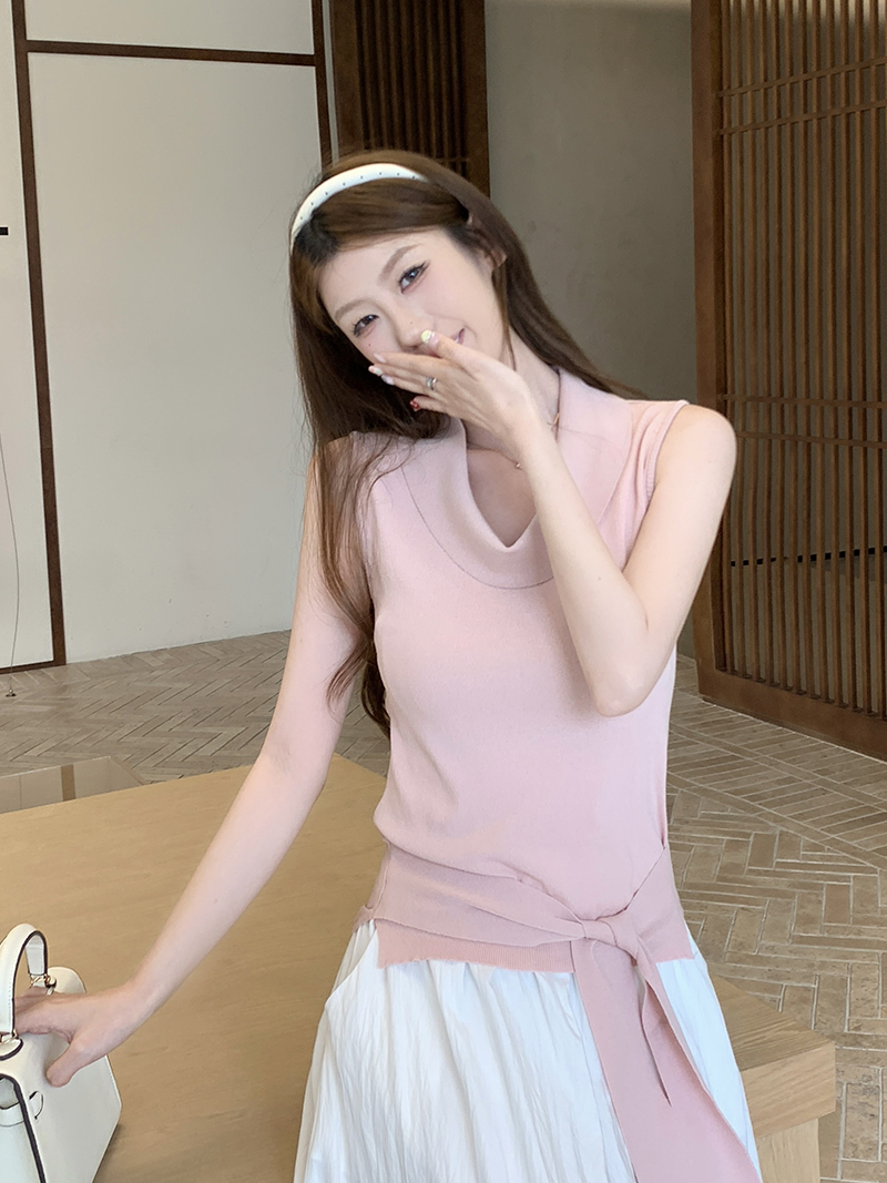 實拍~針織蕩領綁帶蝴蝶結背心女2026夏季收腰顯瘦氣質無袖上衣
