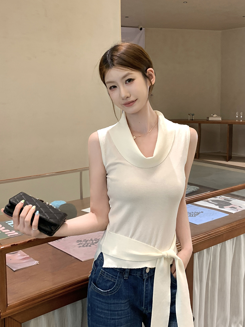 實拍~針織蕩領綁帶蝴蝶結背心女2026夏季收腰顯瘦氣質無袖上衣