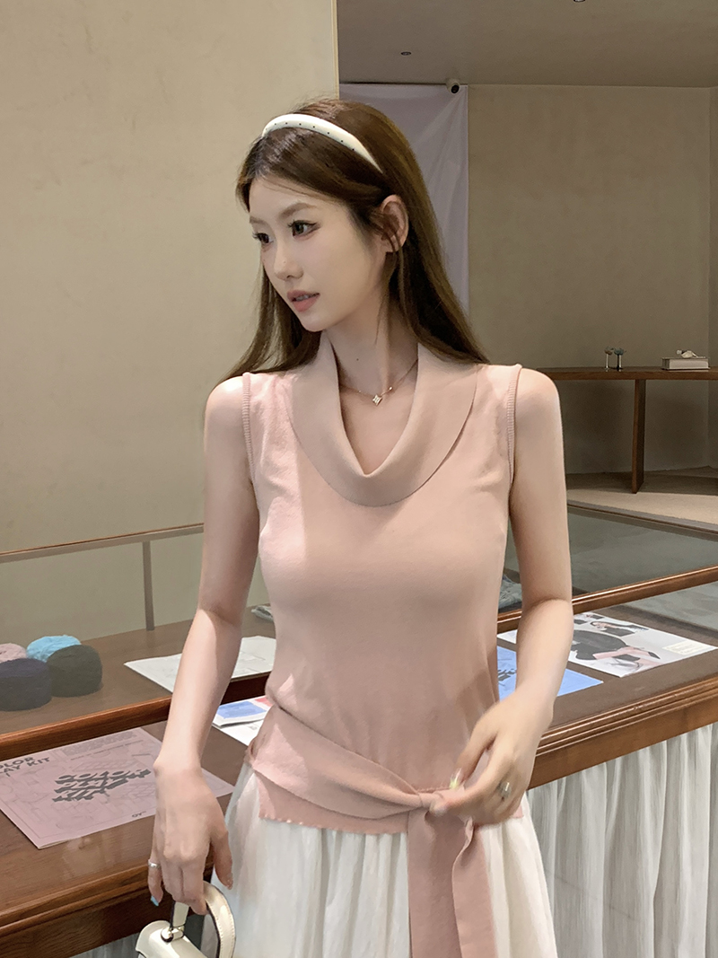實拍~針織蕩領綁帶蝴蝶結背心女2026夏季收腰顯瘦氣質無袖上衣