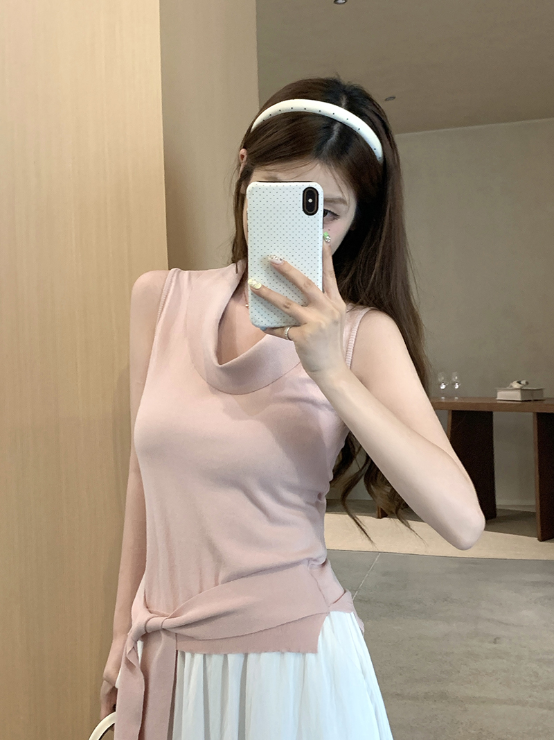 實拍~針織蕩領綁帶蝴蝶結背心女2026夏季收腰顯瘦氣質無袖上衣