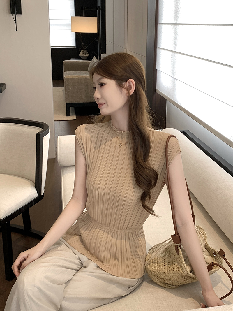 實拍~韓系小高領豎條紋針織無袖上衣女2026春夏新款