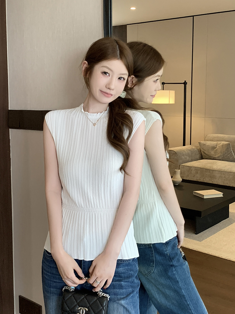 實拍~韓系小高領豎條紋針織無袖上衣女2026春夏新款