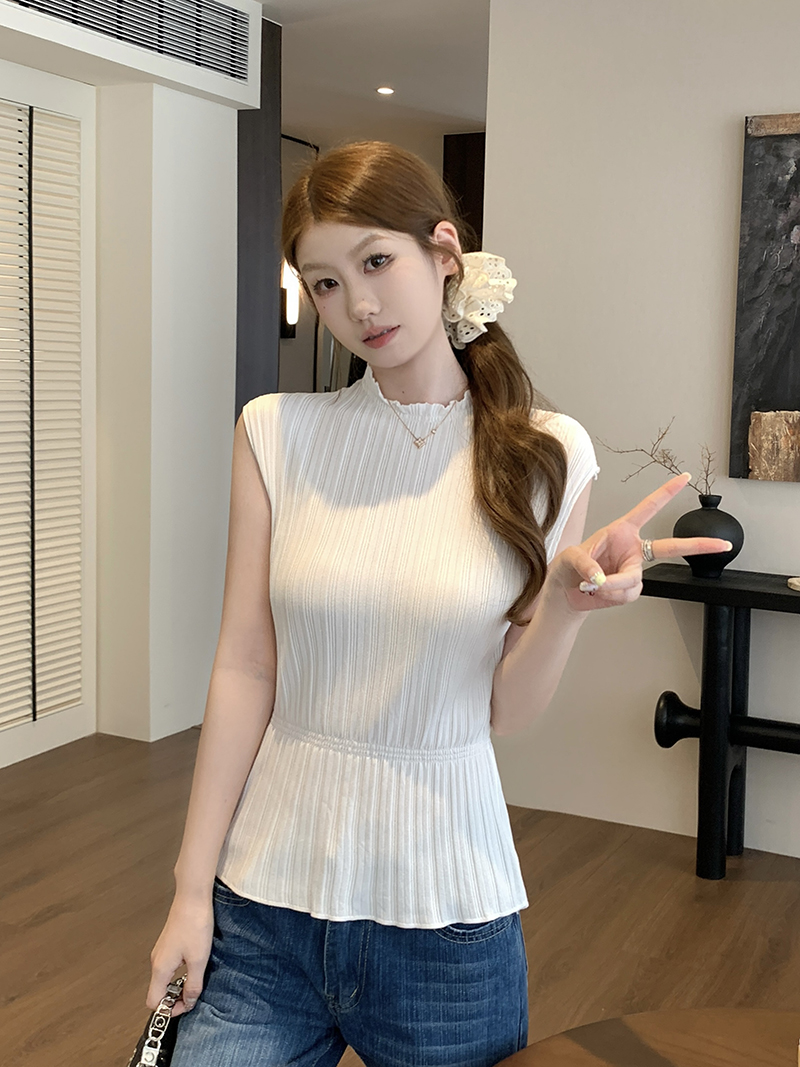 實拍~韓系小高領豎條紋針織無袖上衣女2026春夏新款