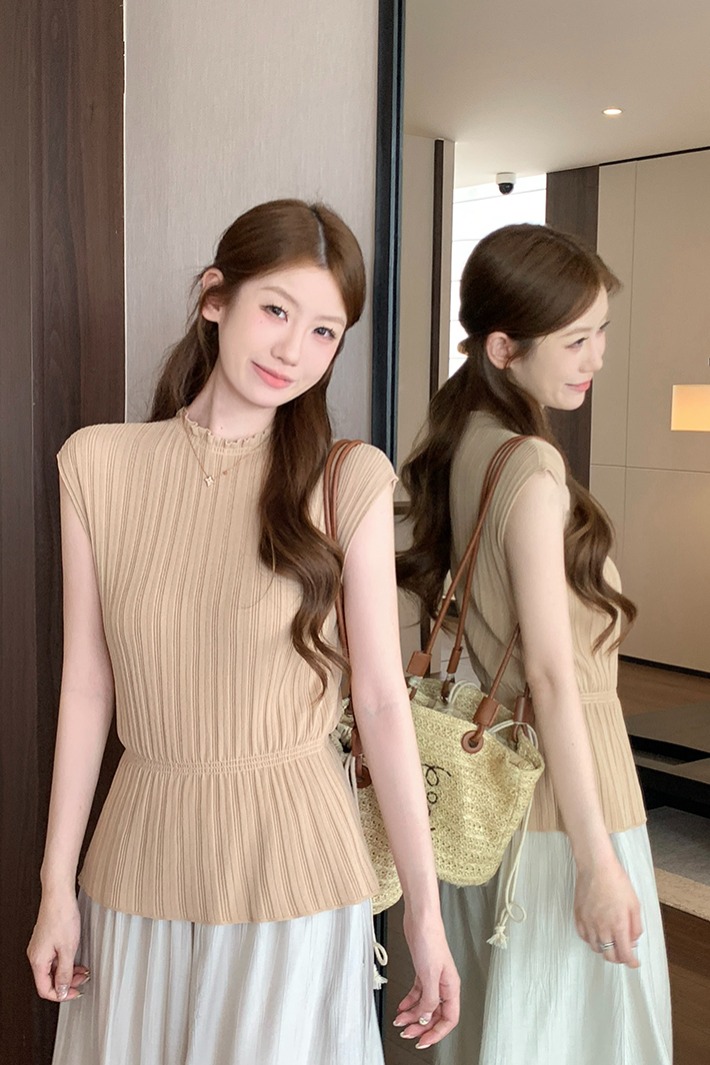 實拍~韓系小高領豎條紋針織無袖上衣女2026春夏新款