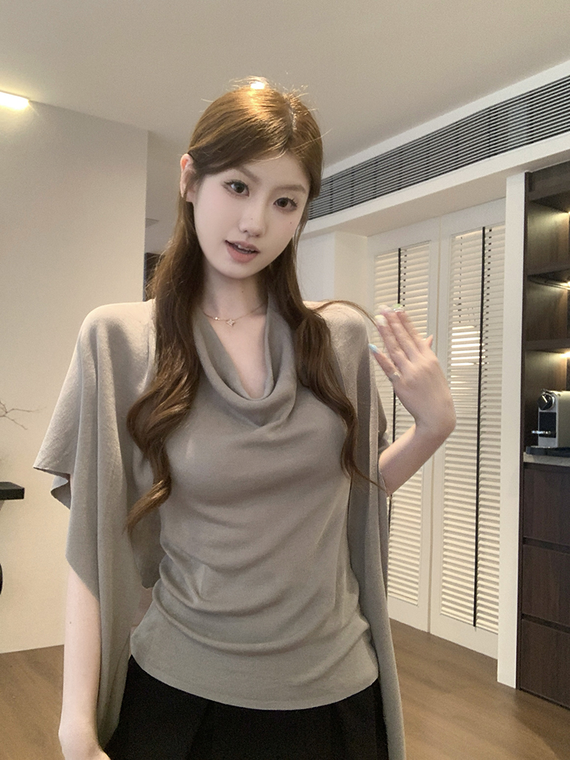 實拍~法式氣質蕩領掛脖無袖針織衫女夏季披肩小上衣兩件套