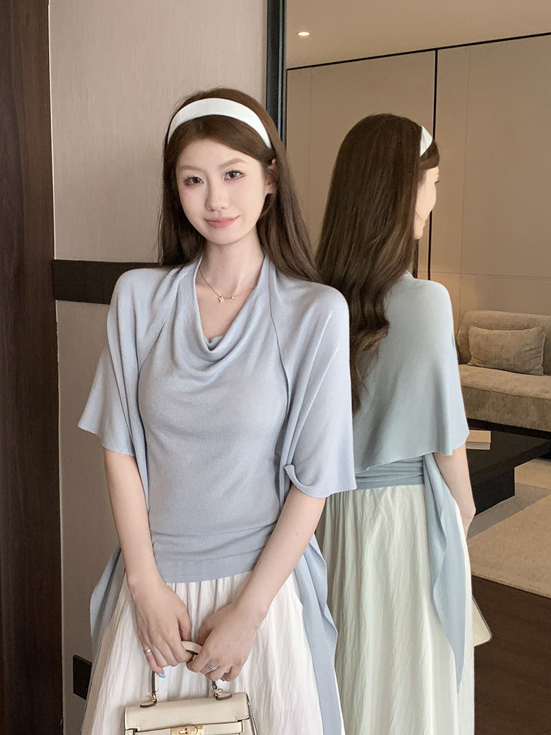 實拍~法式氣質蕩領掛脖無袖針織衫女夏季披肩小上衣兩件套