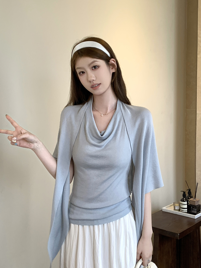 實拍~法式氣質蕩領掛脖無袖針織衫女夏季披肩小上衣兩件套