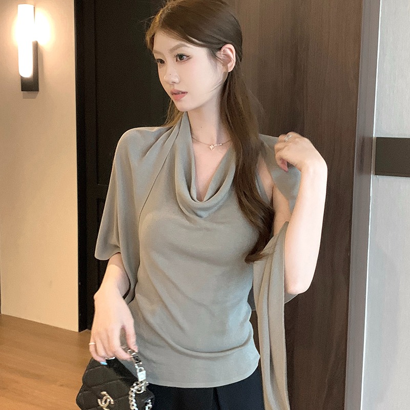 實拍~法式氣質蕩領掛脖無袖針織衫女夏季披肩小上衣兩件套
