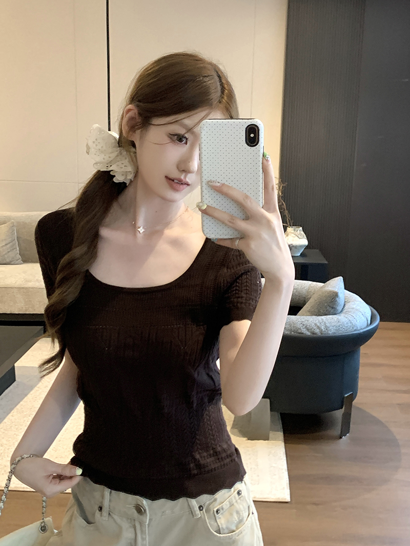 實拍~韓系鏤空圓領針織短袖t恤女夏季薄款輕奢高級感氣質正肩上衣