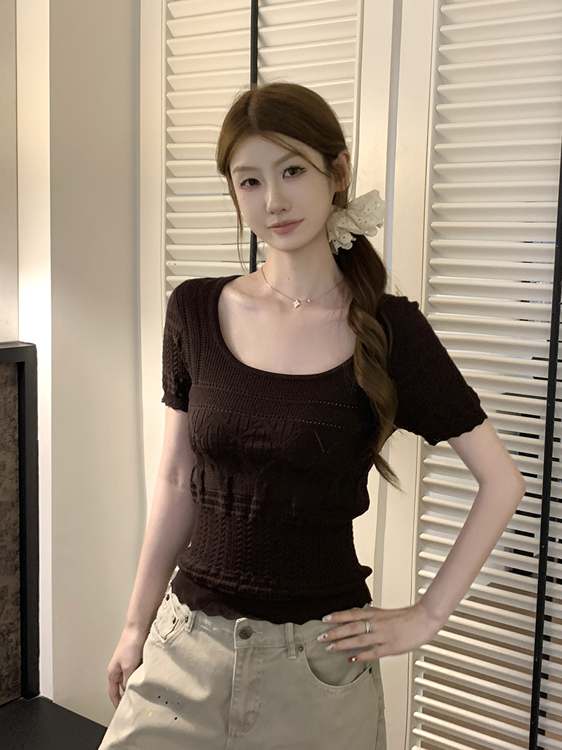 實拍~韓系鏤空圓領針織短袖t恤女夏季薄款輕奢高級感氣質正肩上衣